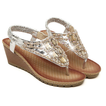 Bohème talon compensé perles strass bascule sandales